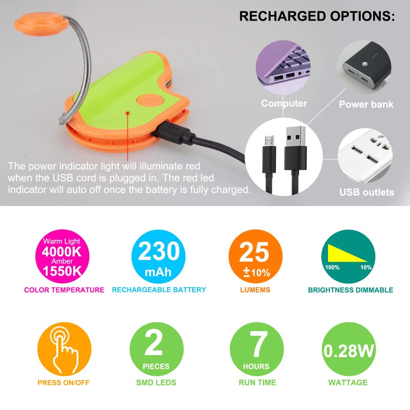 BIGMONAT Rechargeable Reading Light for Kids,Small Amber Book Light,Multi Colors Portable LED Reading Lamp with 361Â° Rotary Light Neck,Wireless Clip Reading Light for Books (White) - Image 4